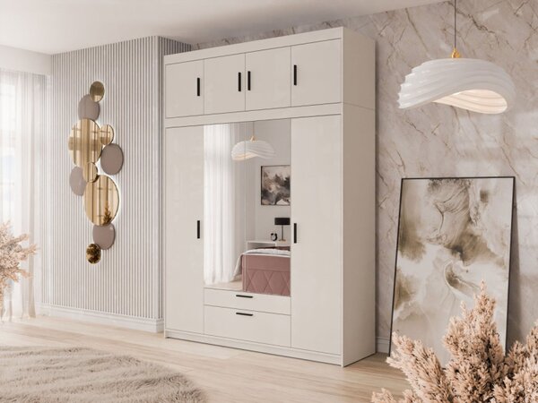 Šatní skříň se zrcadlem Melen 4D + nástavec, Barva: pískově béžová 5903211475740