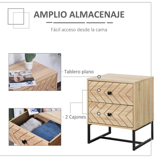 Noční stolek HOMCOM s 2 zásuvkami a kovovými nohami v moderním stylu pro ložnici, obývací pokoj, kancelář 48x39,5x60 cm | Aosom