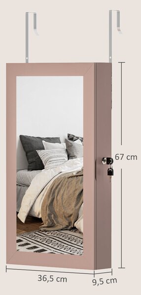 HOMCOM Zrcadlová skříňka na šperky s uzamčením, nástěnná s několika přihrádkami na náušnice, řetízky, prsteny a náramky, růžová a béžová výstelka | Ao