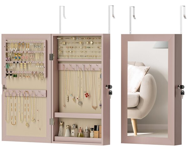 HOMCOM Zrcadlová skříňka na šperky s uzamčením, nástěnná s několika přihrádkami na náušnice, řetízky, prsteny a náramky, růžová a béžová výstelka | Ao