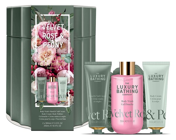 Grace Cole Velvet Rose & Peony - sada péče o tělo a houbičky, 4 ks