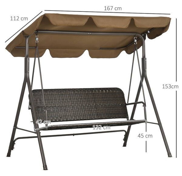 Zahradní houpačka Outsunny pro 3 osoby s nastavitelnou sluneční střechou, sedák z PE ratanu a opěrky na balkon, terasu, patio - nosnost 240 kg, 167x11