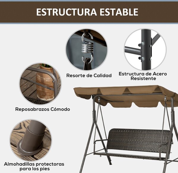 Zahradní houpačka Outsunny pro 3 osoby s nastavitelnou sluneční střechou, sedák z PE ratanu a opěrky na balkon, terasu, patio - nosnost 240 kg, 167x11