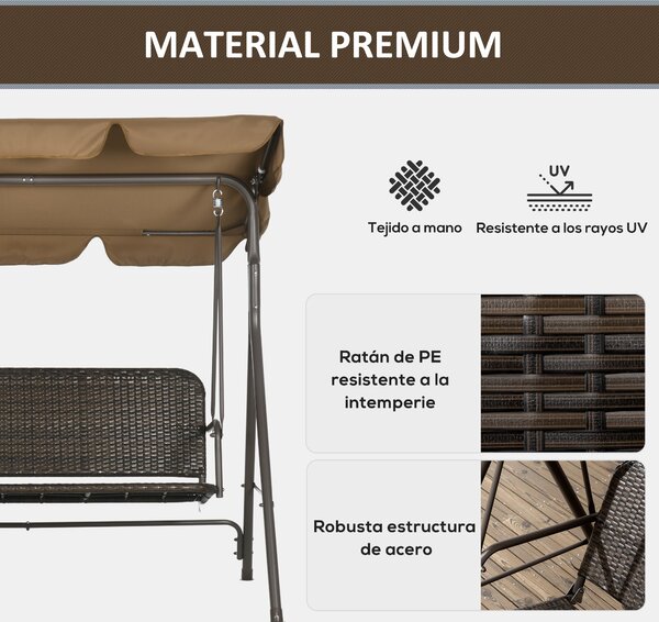 Zahradní houpačka Outsunny pro 3 osoby s nastavitelnou sluneční střechou, sedák z PE ratanu a opěrky na balkon, terasu, patio - nosnost 240 kg, 167x11
