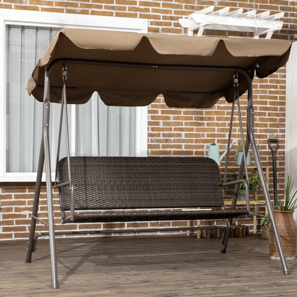 Zahradní houpačka Outsunny pro 3 osoby s nastavitelnou sluneční střechou, sedák z PE ratanu a opěrky na balkon, terasu, patio - nosnost 240 kg, 167x11