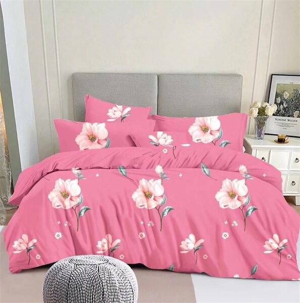 Bavlissimo 2-dílné povlečení 140x200 s bílými květinami na růžovém podkladu na jednu postel