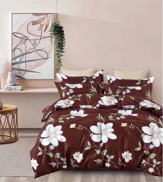 Bavlissimo 2-dílné povlečení 140x200 hnědé s bílými květinami na jednu postel