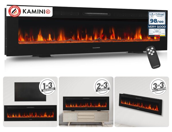 KAMINIO Elektrický krb MARLON – Elektrický krb 3 v 1 s topením, 3D efektem plamenů, 12 barvami plamenů, dálkovým ovládáním – 70 palců