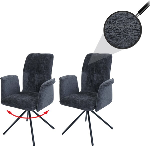 Sada 2 jídelních židlí HWC-N99, otočná područka Auto-Return, tkanina/textil šenil (340 g/m²) Oeko-Tex tmavě šedá