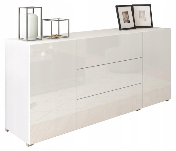 Komoda Berlin 150 cm bílý lesk - moderní se 3 zásuvkami a 2 skříňkami