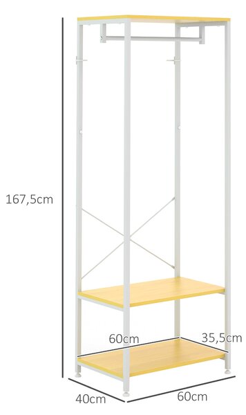 HOMCOM Stojan na kabáty s úložným prostorem na boty - Stojan na kabáty s věšákem a 2 úložnými policemi pro předsíň a ložnici 60x40x167,5 cm Přírodní a