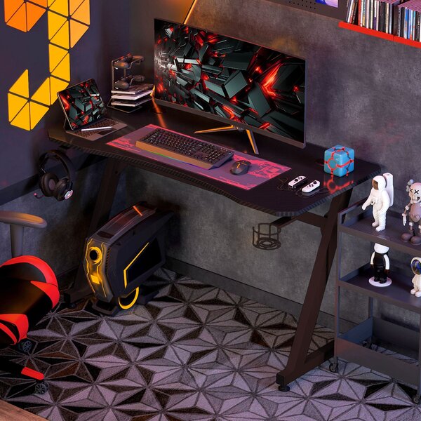 HOMCOM Herní stůl 120x65x74,5 cm Ergonomický herní stůl pro PC s držákem na hrníček a háčkem na sluchátka | Aosom