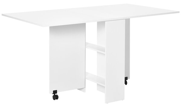 HOMCOM Skládací Jídelní Stůl s Kolečky, Sklopné Křídla a Police pro 4-6 Osob 75x140x74 cm Bílý | Aosom