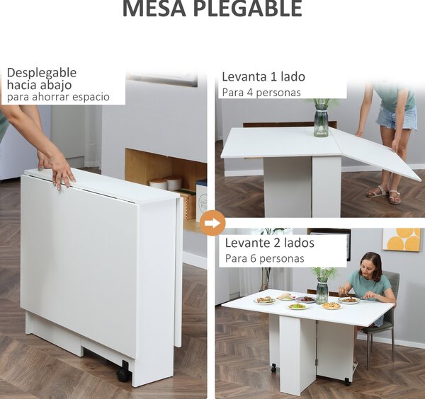 HOMCOM Skládací Jídelní Stůl s Kolečky, Sklopné Křídla a Police pro 4-6 Osob 75x140x74 cm Bílý | Aosom