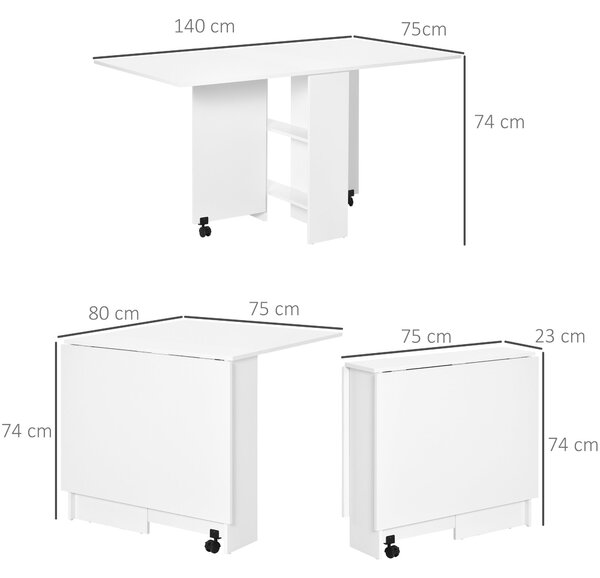 HOMCOM Skládací Jídelní Stůl s Kolečky, Sklopné Křídla a Police pro 4-6 Osob 75x140x74 cm Bílý | Aosom