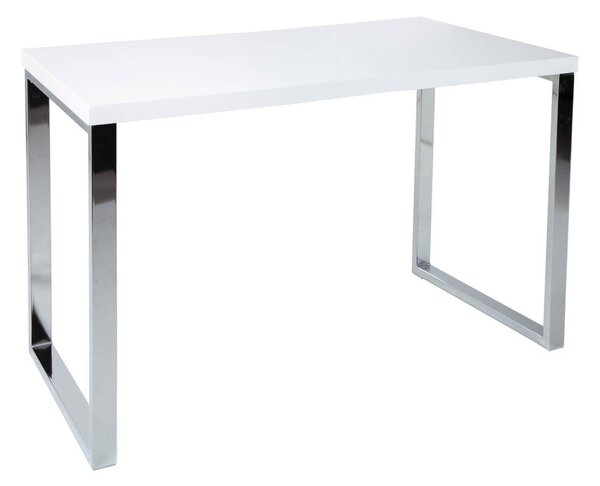 Moderní psací stůl Linear s bílou lesklou deskou a hranatým kovovým nohama ve stříbrné chromové úpravě 120 cm