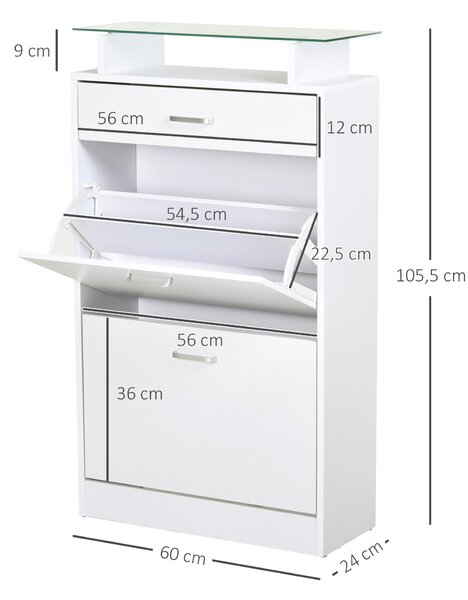 HOMCOM Botník s 3 šuplíky, skleněnou policí a hliníkovými úchyty pro předsíň, nosnost 50 kg, 60x24x105,5 cm, bílý | Aosom