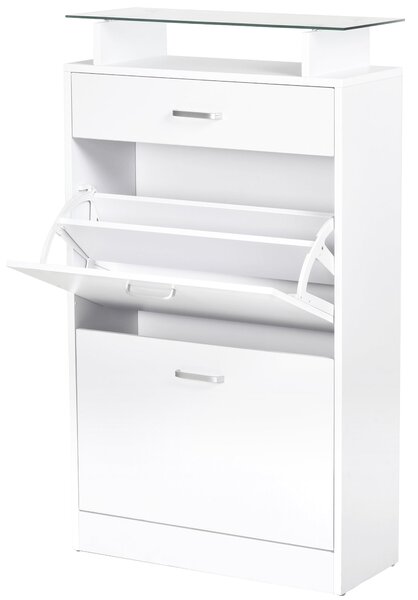 HOMCOM Botník s 3 šuplíky, skleněnou policí a hliníkovými úchyty pro předsíň, nosnost 50 kg, 60x24x105,5 cm, bílý | Aosom