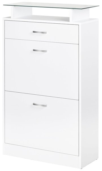 HOMCOM Botník s 3 šuplíky, skleněnou policí a hliníkovými úchyty pro předsíň, nosnost 50 kg, 60x24x105,5 cm, bílý | Aosom