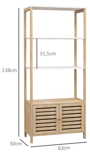 HOMCOM Bambusová koupelnová police se 3 otevřenými policemi a skříňkou se žaluziovými dveřmi 63x30x138 cm | Aosom