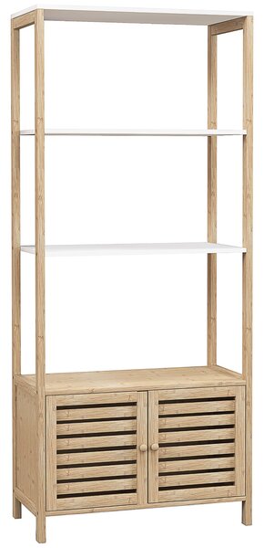 HOMCOM Bambusová koupelnová police se 3 otevřenými policemi a skříňkou se žaluziovými dveřmi 63x30x138 cm | Aosom
