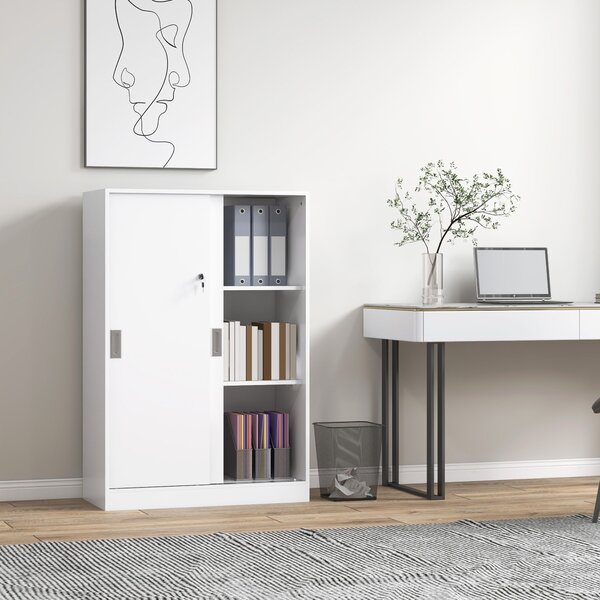 HOMCOM Praktická kancelářská skříň s 2 posuvnými dveřmi, zámky a 3 policemi pro kancelář a studium 80x40x120 cm Bílá | Aosom