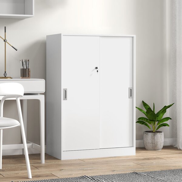 HOMCOM Praktická kancelářská skříň s 2 posuvnými dveřmi, zámky a 3 policemi pro kancelář a studium 80x40x120 cm Bílá | Aosom