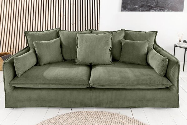 Designová skandinávská třímístná sedačka Heaven se šalvějově zeleným odnímatelným manšestrovým potahem a polštáři 200 cm