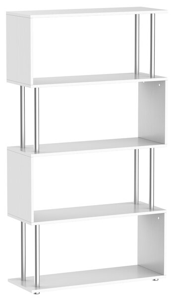 HOMCOM S-typová knihovna, 4-patrová policová jednotka pro obývací pokoj, kancelář a studovnu 80x30x145 cm, bílá | Aosom