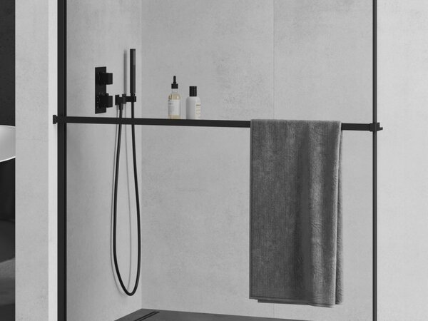 Kovová police a věšák na ručníky MEXEN KIOTO - na 8mm zástěny - černá matná, 800-02-70