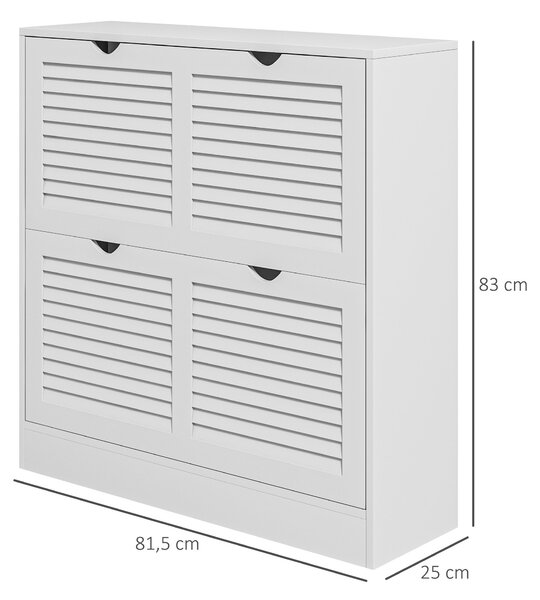 HOMCOM Moderní Botník se 2 Vytahovacími Zásuvkami a Nastavitelnými Policemi pro 16 Párů Bot, Úzký Botník do Předsíně 81,5x25x83 cm Bílý | Aosom