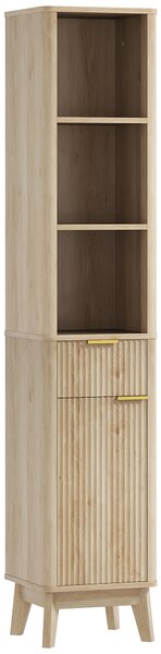 HOMCOM Úzká koupelnová skříň 33x30x170 cm s frézovanými dvířky, zásuvkou, 3 otevřenými přihrádkami a nastavitelné police Přírodní dřevo | Aosom