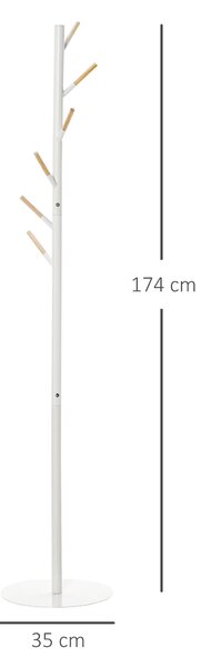 HOMCOM Stojan na kabáty - Stromový stojan s 6 dřevěnými háčky na oblečení, tašky, šály a kovovým rámem pro obývací pokoj, předsíň, ložnici 35x35x174 c