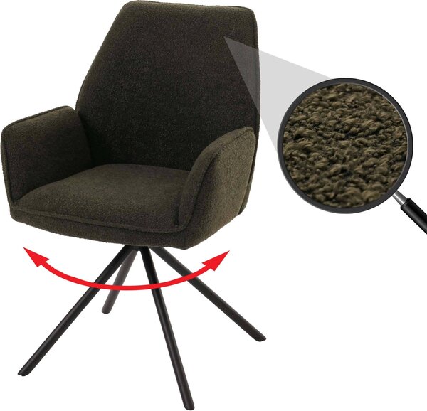 Jídelní židle HWC-G67, područky kuchyňské židle, otočná automatická poloha, látka/textil bouclé Oeko-Tex MVG olivově zelená