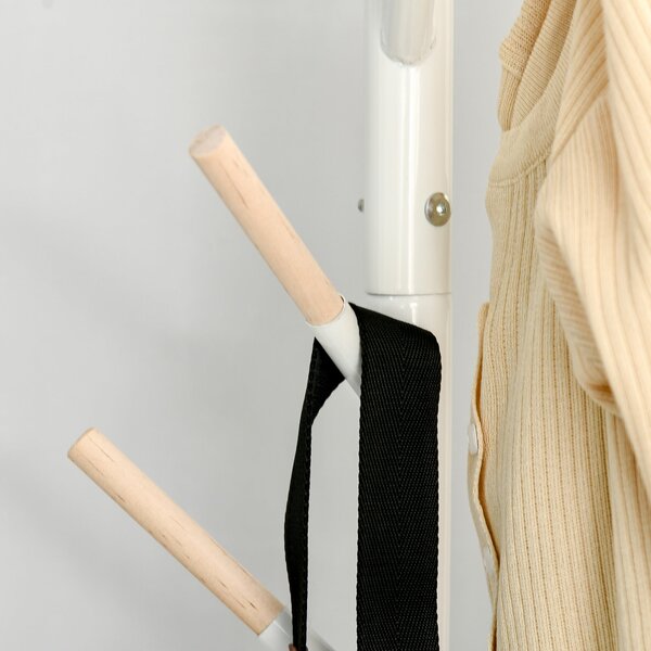 HOMCOM Stojan na kabáty - Stromový stojan s 6 dřevěnými háčky na oblečení, tašky, šály a kovovým rámem pro obývací pokoj, předsíň, ložnici 35x35x174 c