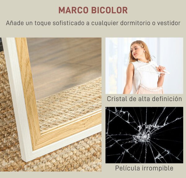 HOMCOM Zrcadlo v plné délce 157x37 cm - Podlahové nebo nástěnné zrcadlo s MDF rámem a stojanem pro ložnici a obývací pokoj v bílé a tmavě přírodní bar