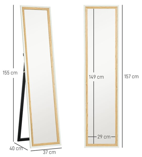 HOMCOM Zrcadlo v plné délce 157x37 cm - Podlahové nebo nástěnné zrcadlo s MDF rámem a stojanem pro ložnici a obývací pokoj v bílé a tmavě přírodní bar