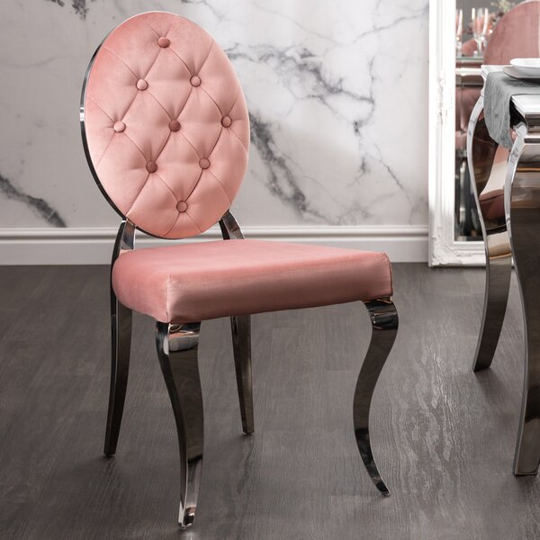 Elegantní židle MODERN BAROCK starožitný růžový samet s knoflíky nohy z nerezové oceli