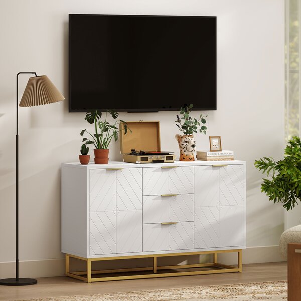 HOMCOM Moderní Komoda se 3 Zásuvkami, 2 Dveřmi a Regulovatelnou Policí pro Obývací Pokoj a Kuchyň, 120x40x76 cm, Bílá | Aosom