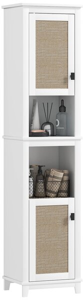 HOMCOM Koupelnová Skříň s 2 Dveřmi a Ratanovým Čelem, Boho Koupelnová Skříň s Nastavitelnými Policemi a 2 Přihrádkami 40x30x167,5 cm Bílá | Aosom