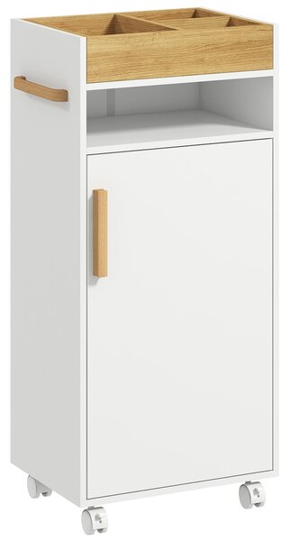 Kleankin Moderní Koupelnová Skříňka Auxiliární Sloupec, Koupelnová Skříň s Nastavitelnými Policemi, Odnímatelným Příborníkem a Koly 40x30x88 cm Bílá a