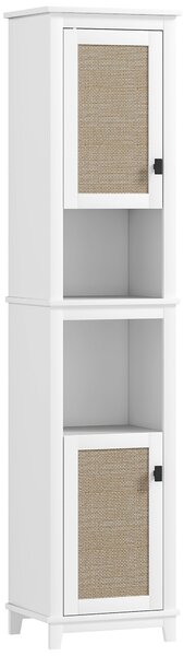 HOMCOM Koupelnová Skříň s 2 Dveřmi a Ratanovým Čelem, Boho Koupelnová Skříň s Nastavitelnými Policemi a 2 Přihrádkami 40x30x167,5 cm Bílá | Aosom