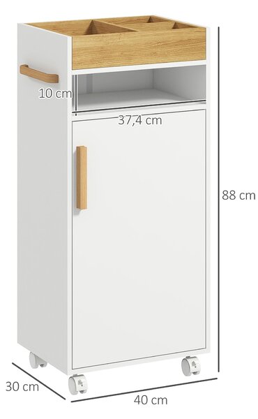 Kleankin Moderní Koupelnová Skříňka Auxiliární Sloupec, Koupelnová Skříň s Nastavitelnými Policemi, Odnímatelným Příborníkem a Koly 40x30x88 cm Bílá a