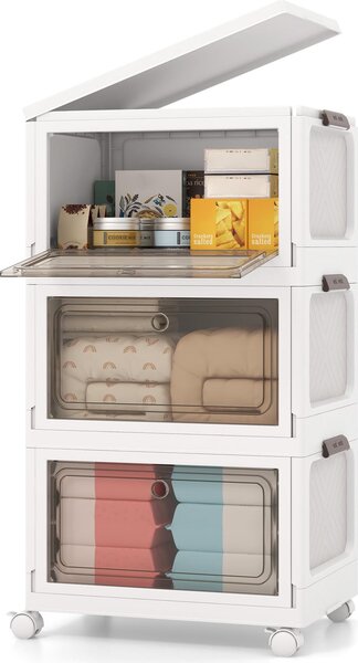 COSTWAY 105L skládací úložný box s víkem, sada 3 plastových boxů, úložné kontejnery s kolečky a dvířky, stohovatelné boxy, 48x34x82cm, bílá barva