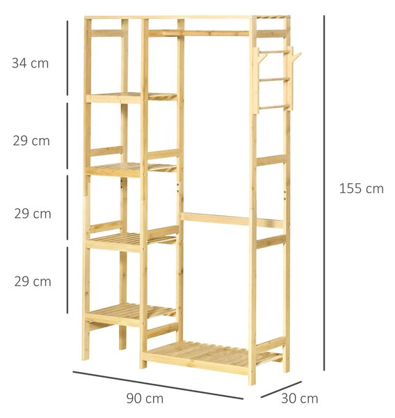 HOMCOM Bambusový věšák na kabáty s 4 policemi, spodní tyčí a bočními háčky na oblečení a tašky, 90x30x155 cm, přírodní | Aosom