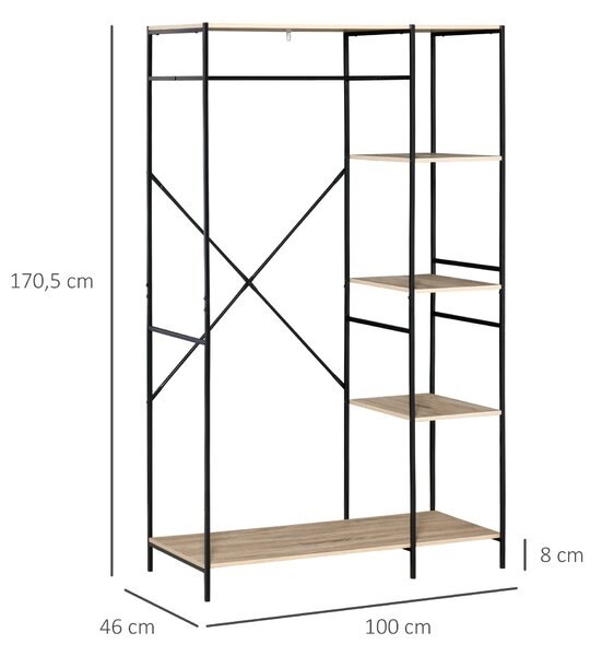 HOMCOM Stojan na oblečení z dřevěného materiálu s 4 policemi a závěsnou tyčí, nosnost 30 kg pro ložnici, obývací pokoj a předsíň 100x46x170,5 cm Příro
