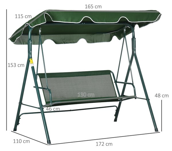 Outsunny Zahradní houpačka pro 3 osoby s nastavovací markýzou a ocelovou konstrukcí pro balkon, terasu, patio Nosnost 240 kg 172x110x153 cm Zelený pru