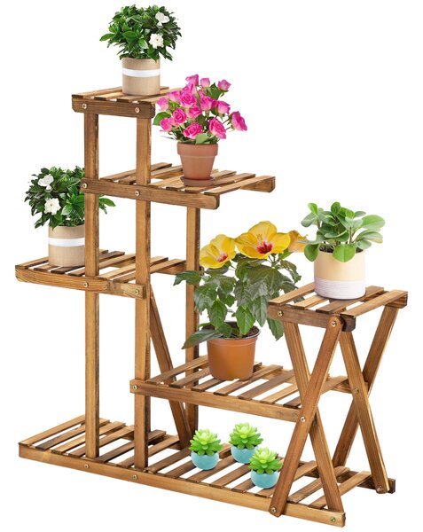 Outsunny stojan na rostliny s dřevěnými nohami, pětilevelový regál na květiny, nosnost 60 kg, pro interiér a exteriér, terasa, zahrada, balkon 98x28x9