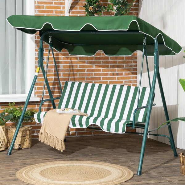 Outsunny Zahradní houpačka pro 3 osoby s nastavovací markýzou a ocelovou konstrukcí pro balkon, terasu, patio Nosnost 240 kg 172x110x153 cm Zelený pru