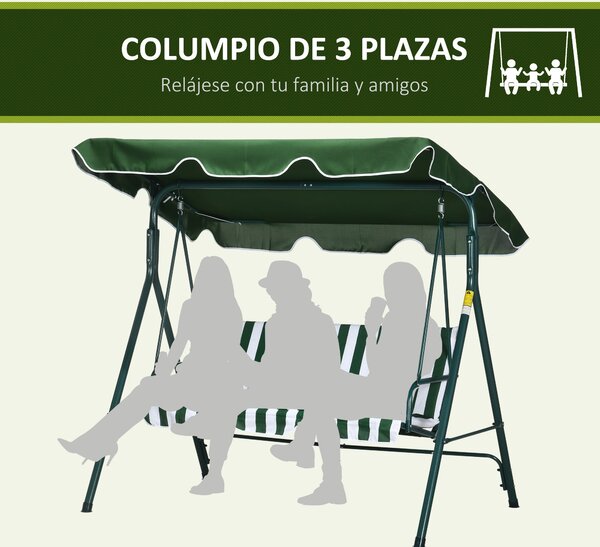Outsunny Zahradní houpačka pro 3 osoby s nastavovací markýzou a ocelovou konstrukcí pro balkon, terasu, patio Nosnost 240 kg 172x110x153 cm Zelený pru